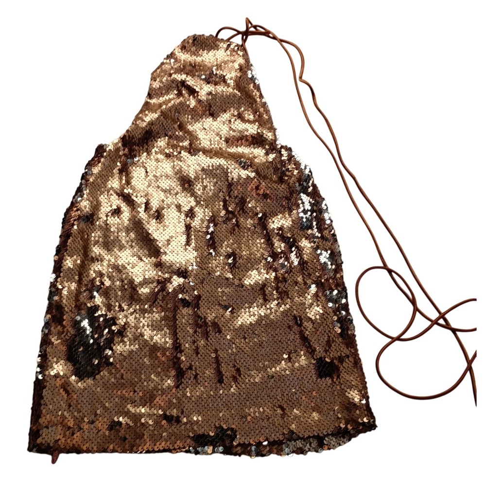 Salty Rose Gold Sequin Halter Top Spaghetti Strap Party Festival Glam Women NWOT